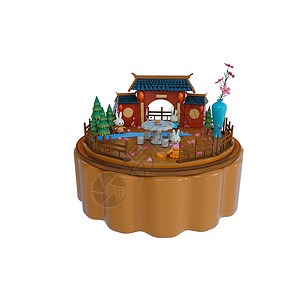 3d中秋中秋节场景中秋节创意古风月饼兔子场景3D元素插画