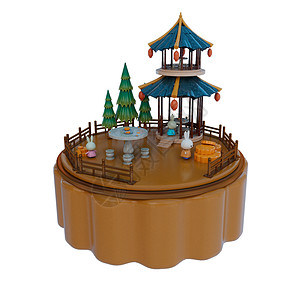 游乐园元素中秋节创意古风双层凉亭月饼兔子场景3D元素插画
