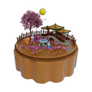 游泳池元素中秋节创意拱桥月饼场景3D元素插画
