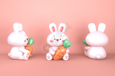 萌小妮卡通形象C4D可爱兔子抱胡萝卜IP模型插画