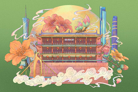 吉安市博物馆建筑全貌广州城市标志建筑氛围插画插画