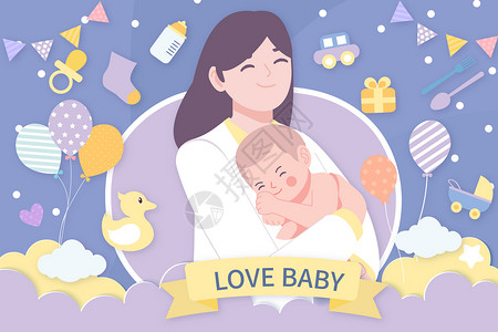 婴儿用品主图母婴妈妈和婴儿矢量插画插画
