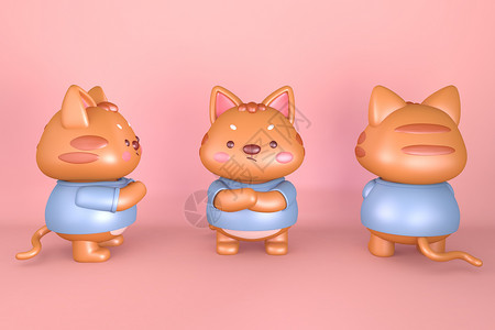 小胖妞和小猫咪C4D生气小猫IP模型插画