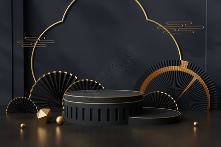 中国风茶具上新blender中式黑金几何展台设计图片
