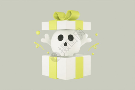 白色礼物盒创意C4D中元节骷髅头礼盒3D立体GIF高清图片
