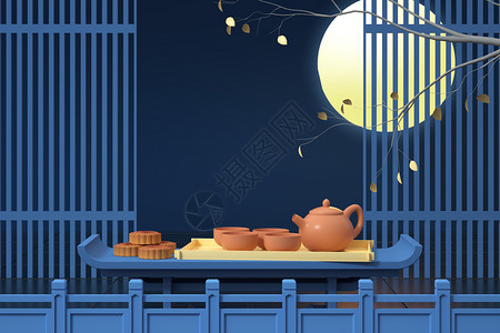 父女吃月饼中秋节吃月饼场景设计图片