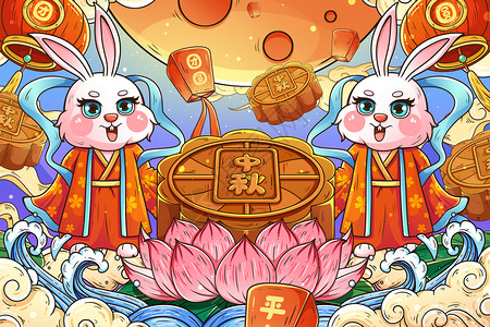 八月十五中秋节玉兔月饼插画高清图片