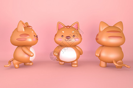 三只猫咪C4D卡通猫咪IP模型插画