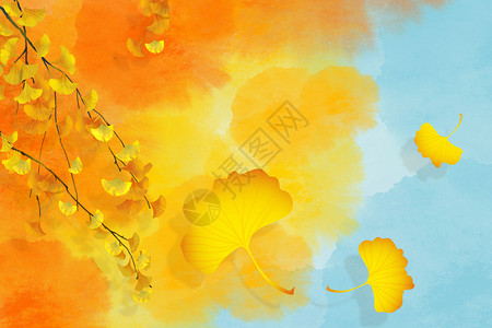 中式风景画水彩银杏秋天背景设计图片