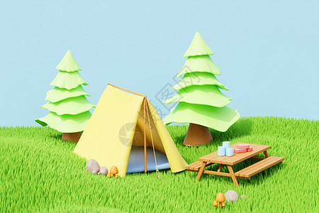 野餐卡通3D野外露营场景设计图片