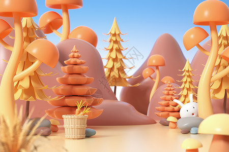 兔子采摘蘑菇秋季植物卡通场景设计图片
