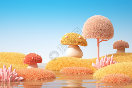 植物蘑菇秋季水面毛绒植物设计图片