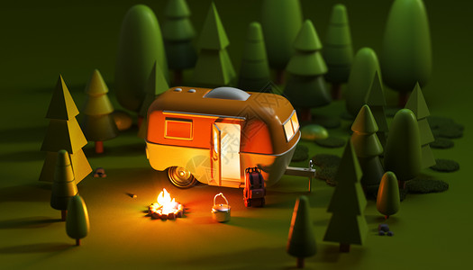 房车插画C4D傍晚野外露营设计图片