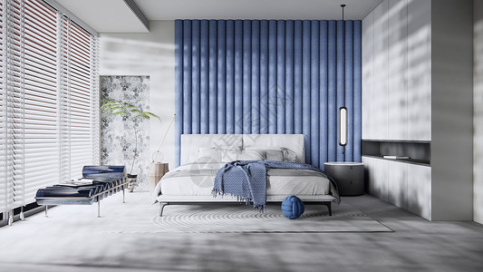 百叶窗帘现代蓝色系小清新卧室设计图片