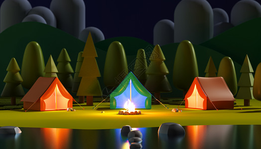 森林中野营C4D傍晚野外露营场景设计图片