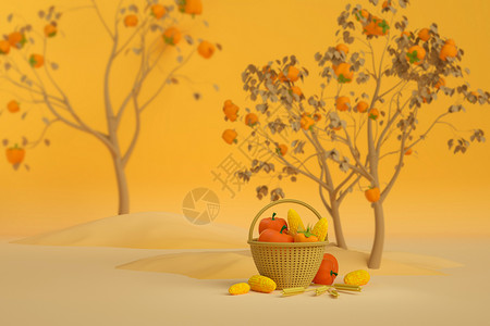 蟋蟀和小竹筐创意柿子树场景设计图片