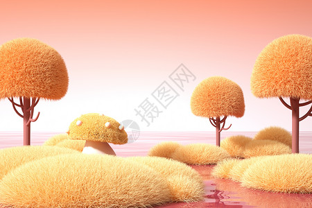 卡通灌木秋季毛绒树木背景设计图片