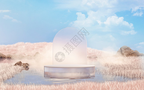 白色云雾唯美朦胧玻璃展台场景设计图片