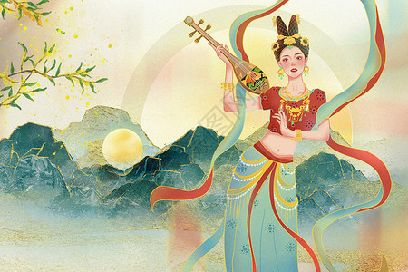 山水吉他素材复古国潮风中秋节背景设计图片