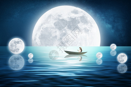 月亮船装饰画中秋节创意大气满月景色倒影设计图片