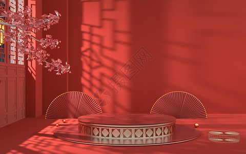 红色背景中秋节中秋红色中式电商展台设计图片
