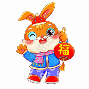 国潮兔年春节新年挥手提灯笼的兔子元素gif动图图片