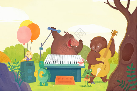 钢琴动物音乐狂欢节绘本故事插画