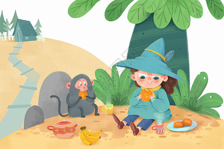 品尝月饼中秋女孩和小猴一起尝月饼绘本故事插画