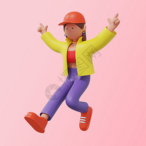 3D街舞人红帽子女孩伸腿举手表演跳舞插画
