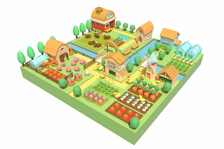 养殖猪橘色C4D农场农村养殖种植发展插画