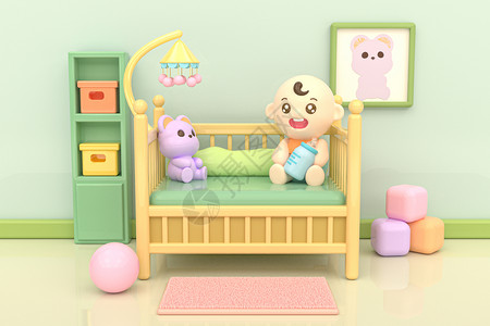3D相框C4D母婴宝宝婴儿床摇铃娃娃插画