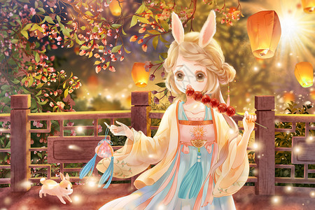 烟花和孔明灯2023年兔年兔子拟人吃冰糖葫芦的古代少女春节新年插画插画