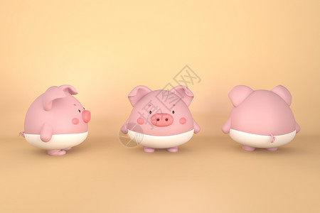 三只小猪盖房子C4D呆萌圆圆小猪IP模型插画