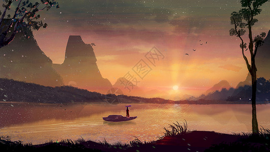 落日之美夕阳下的山水美景插画