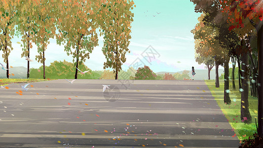 世界道路素材秋天上学路上插画