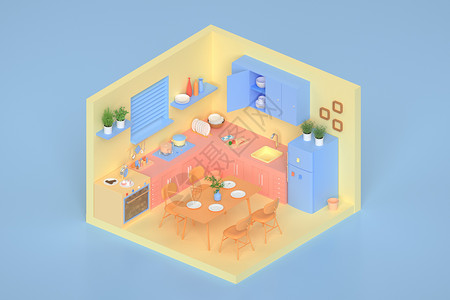 简洁厨房C4D黄色简洁卡通厨房场景插画