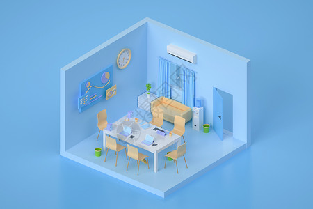 3D房间C4D蓝色简约卡通办公场景插画