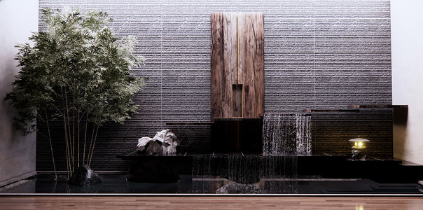 新中式叠水景墙背景高清图片