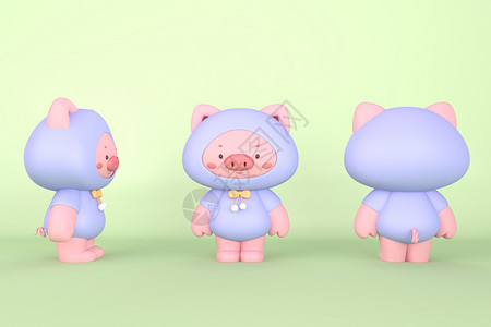 三只小猪盖房子C4D呆萌小猪玩偶IP模型插画
