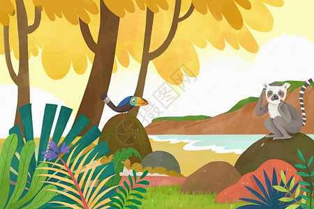 秋天树林风景绘本故事背景图片