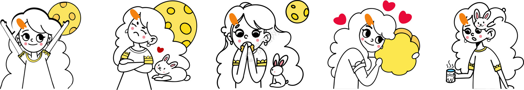 肌肉线条中秋月饼可爱小女孩卡通兔子表情包插画