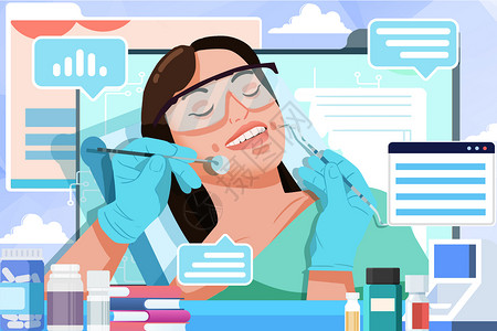 检查手套全国爱牙日患者定期检查治疗牙齿健康插画