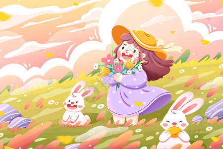 黄色的兔子秋分节气女孩与兔子清新卡通插画插画