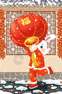 兔年春节屋檐下挂灯笼的兔子背景图片
