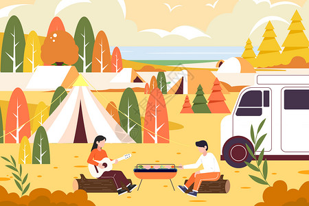 野营度假秋季情侣开房车去露营插画