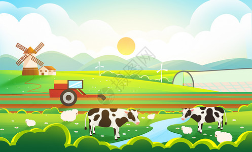 奶牛声音素材新农村和谐宁静的乡村生活插画背景插画