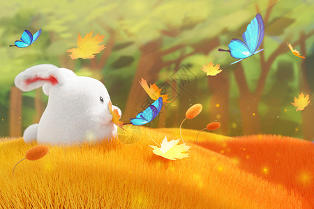 树叶兔子blender秋天兔子卡通场景设计图片