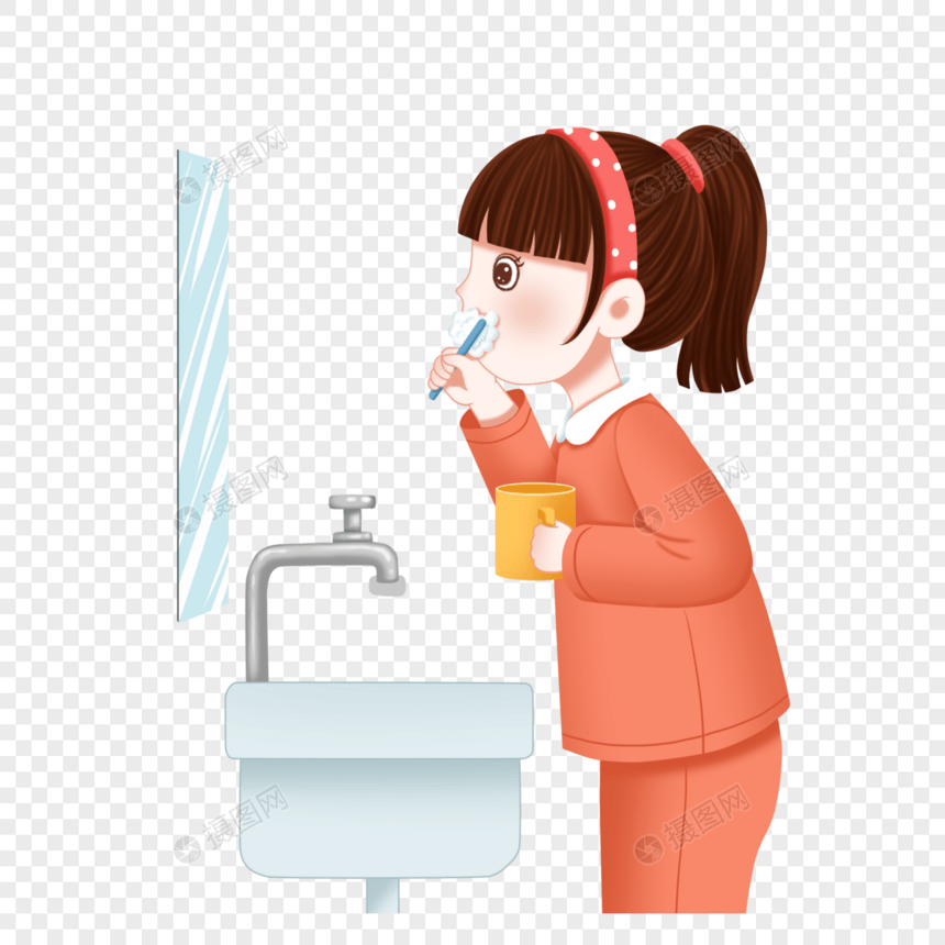 镜子前刷牙的女孩图片