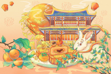 五仁馅国潮中秋节月饼玉兔柿子城市风景氛围插画插画