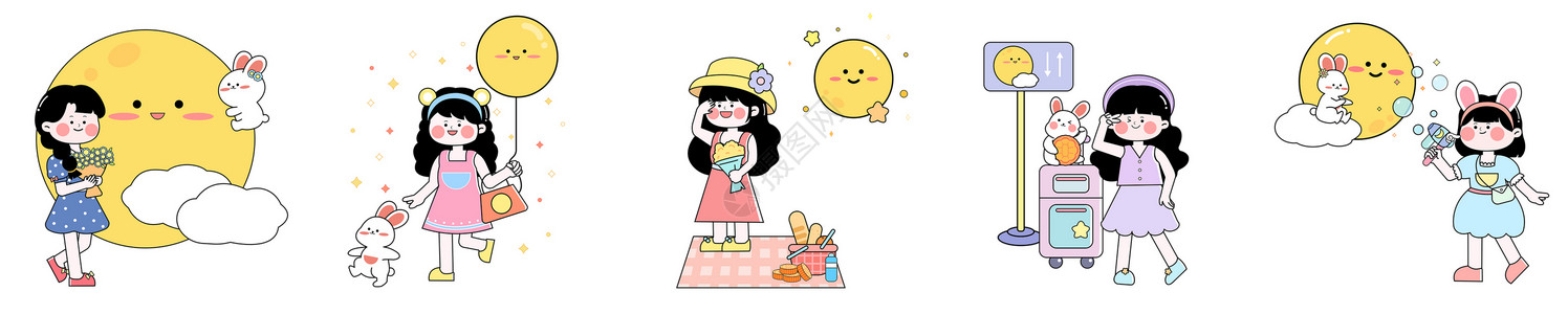 搞笑小女孩清新色系中秋节系列可爱卡通小女孩与兔子线条色块元素插画